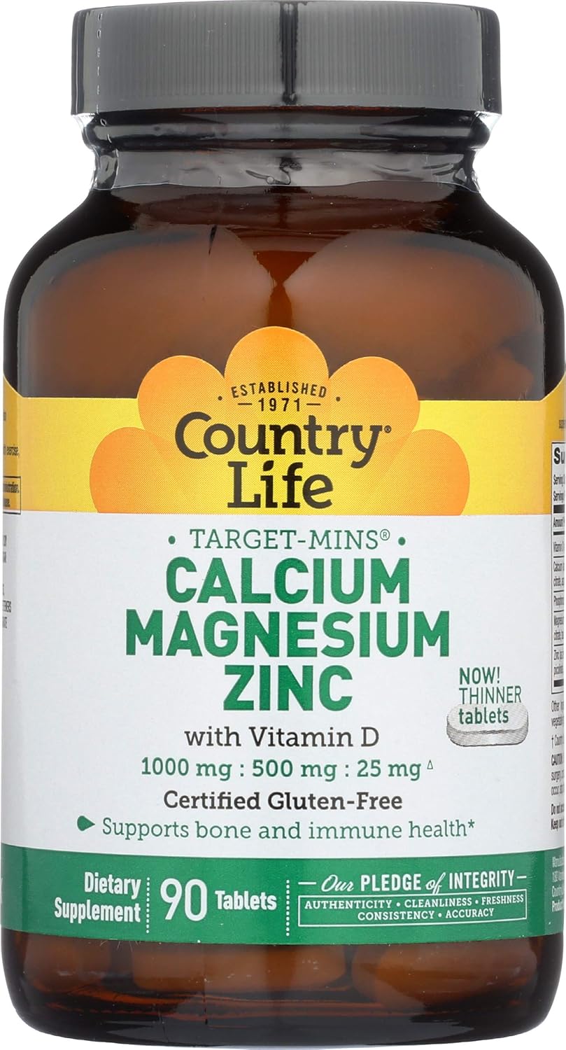 Country Life Bone Support Supplement with Calcium, Magnesium, Zinc, Vitamin D3, and L-Glutamic Acid - 90 Tablets, Gluten Free