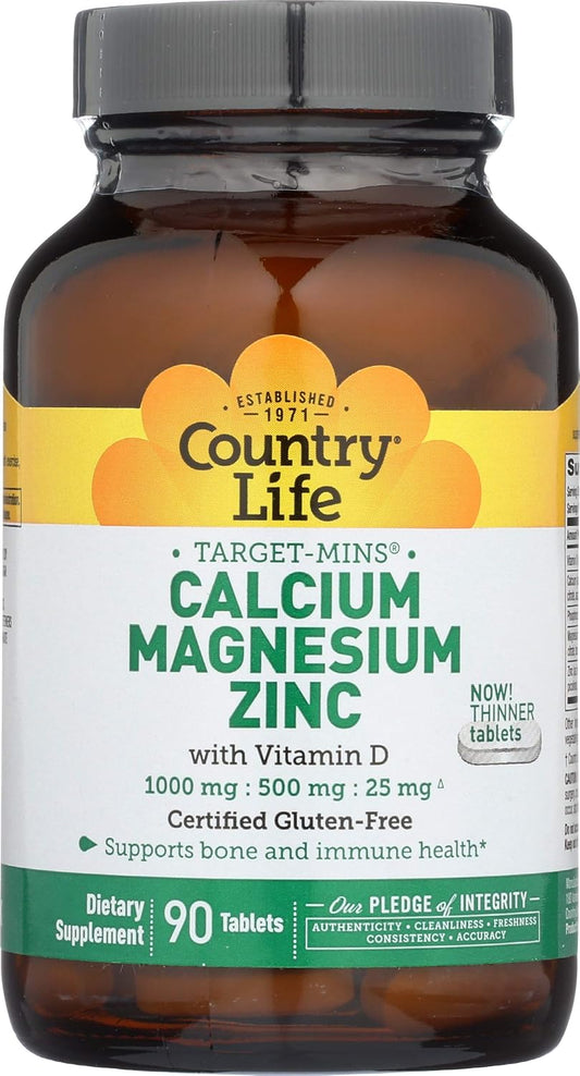 Country Life Bone Support Supplement with Calcium, Magnesium, Zinc, Vitamin D3, and L-Glutamic Acid - 90 Tablets, Gluten Free