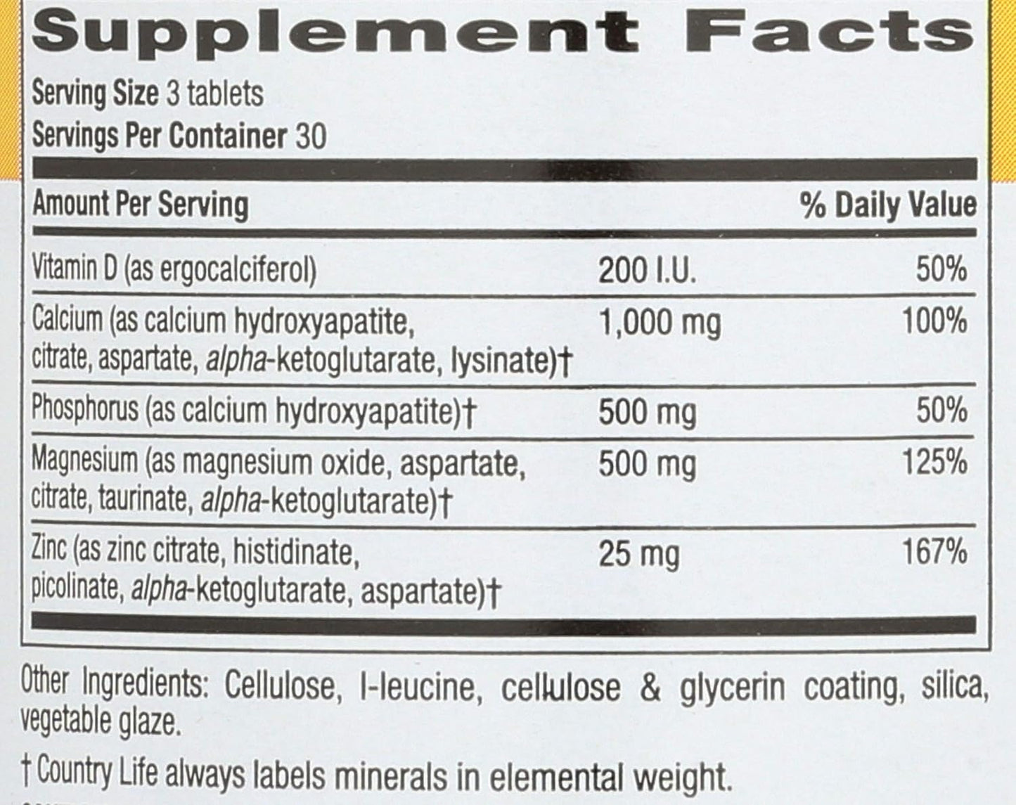 Country Life Bone Support Supplement with Calcium, Magnesium, Zinc, Vitamin D3, and L-Glutamic Acid - 90 Tablets, Gluten Free