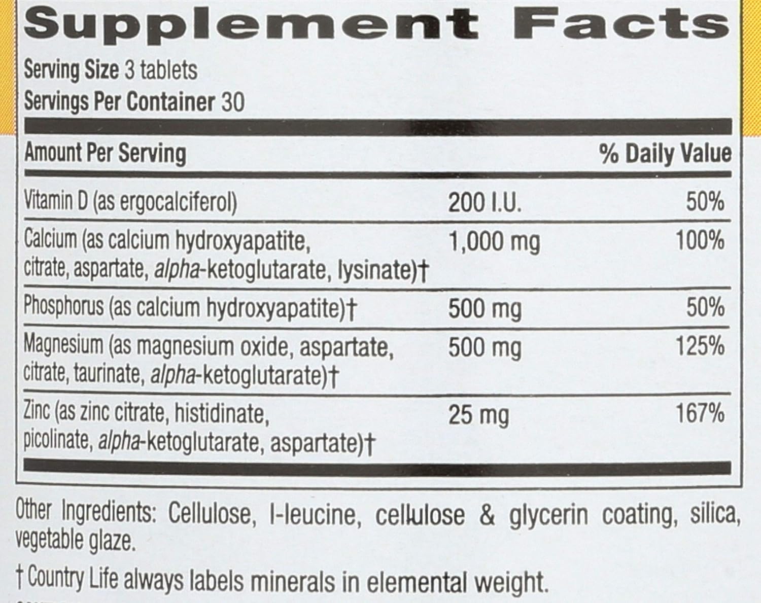 Country Life Bone Support Supplement with Calcium, Magnesium, Zinc, Vitamin D3, and L-Glutamic Acid - 90 Tablets, Gluten Free
