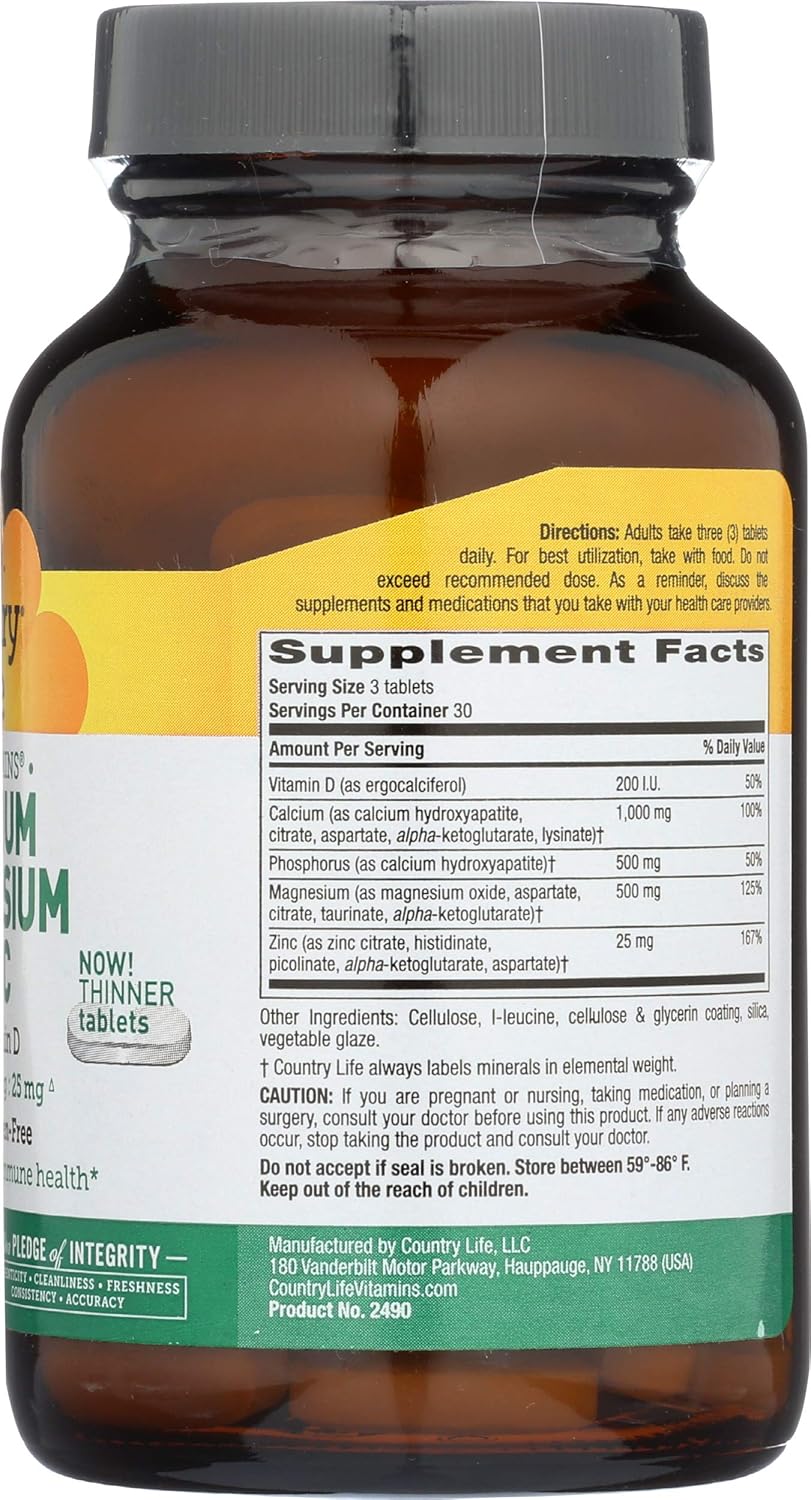 Country Life Bone Support Supplement with Calcium, Magnesium, Zinc, Vitamin D3, and L-Glutamic Acid - 90 Tablets, Gluten Free