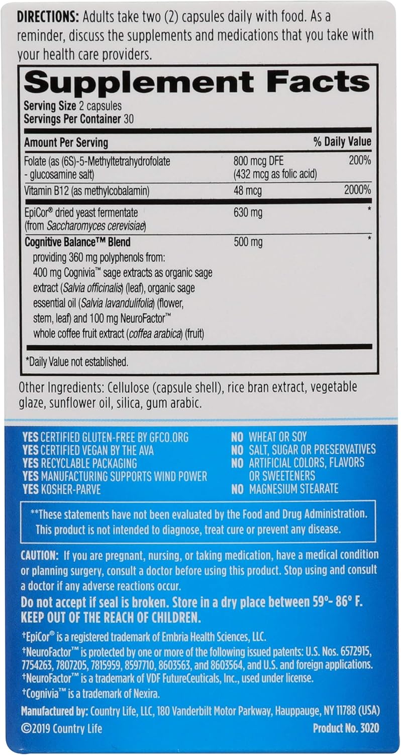 Country Life Cognitive Gut Connection Supplement, 60 Count Bottle