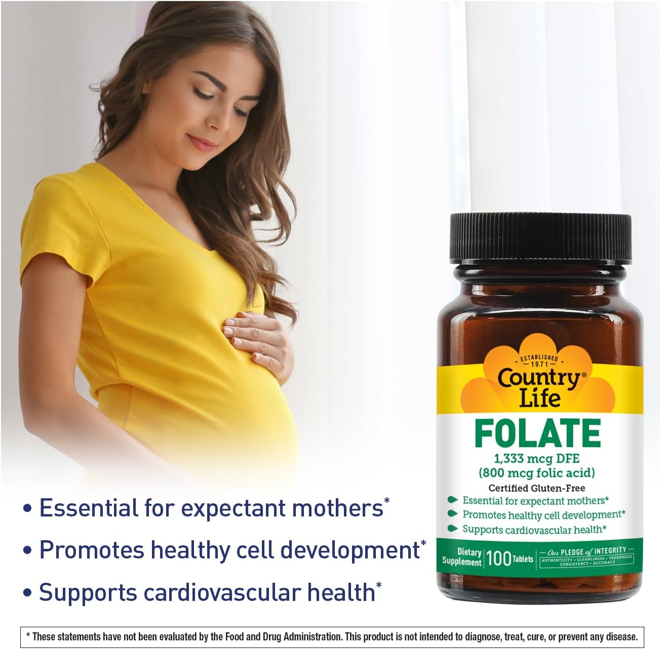 Country Life Folic Acid Supplement - 800 mcg, 100 Tablets for Healthy Living
