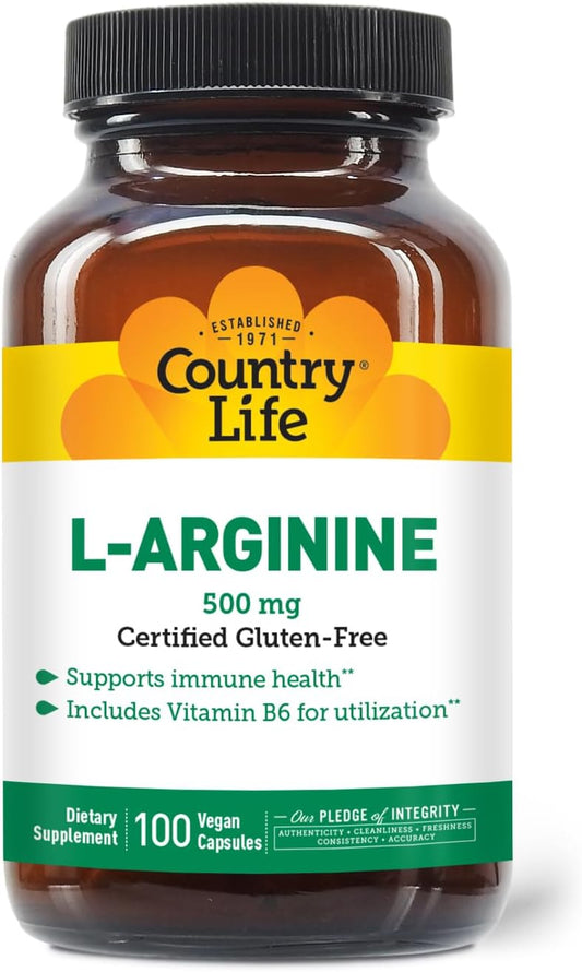 Country Life L-Arginine Capsules with Vitamin B-6 - 500mg, 100 Vegan Capsules - Gluten-Free & Vegan Certified