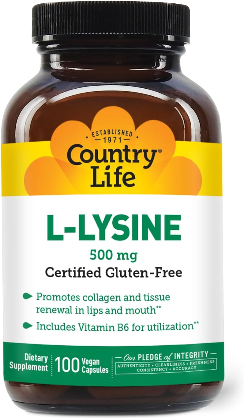 Country Life L-Lysine 500mg with B-6 Capsules for Immune Health and Collagen Renewal, 100 Vegan Capsules