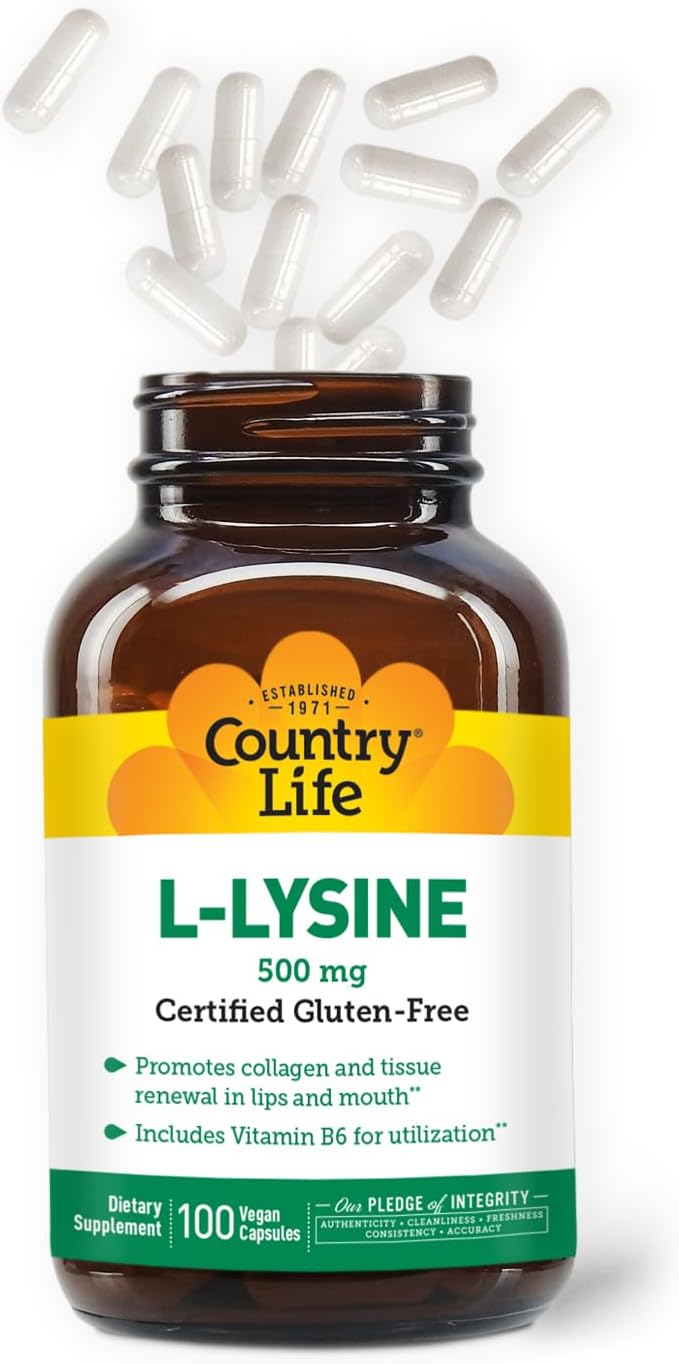 Country Life L-Lysine 500mg with B-6 Capsules for Immune Health and Collagen Renewal, 100 Vegan Capsules