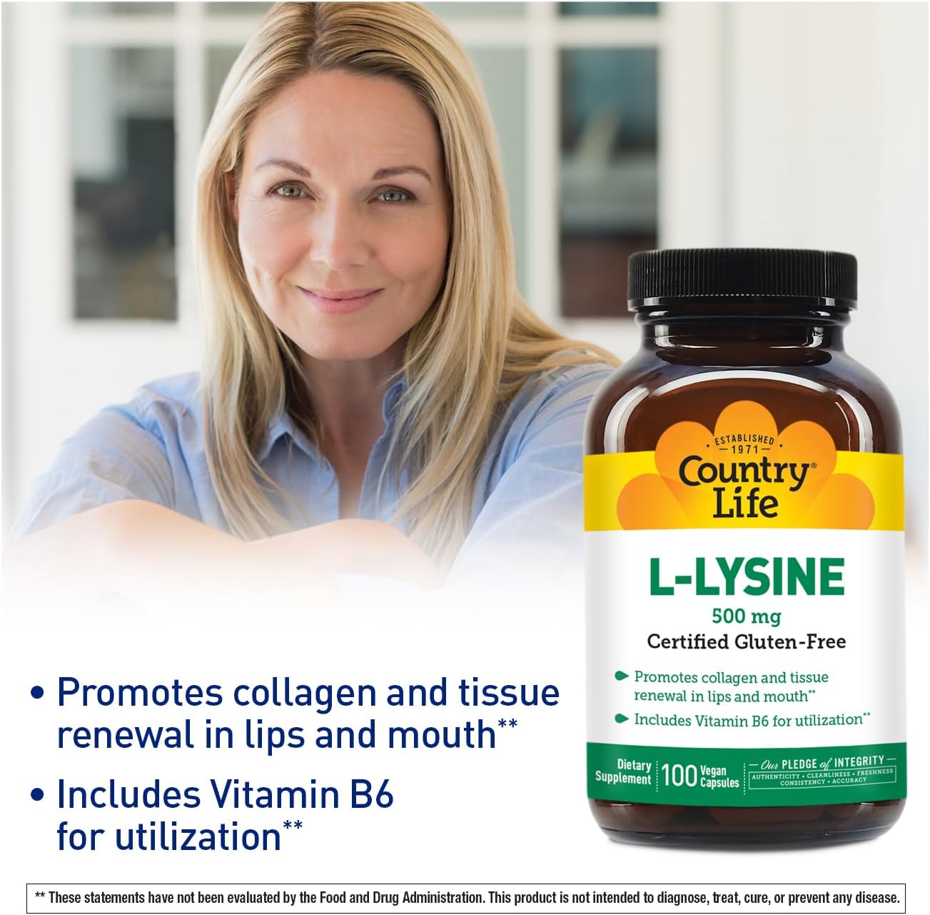 Country Life L-Lysine 500mg with B-6 Capsules for Immune Health and Collagen Renewal, 100 Vegan Capsules