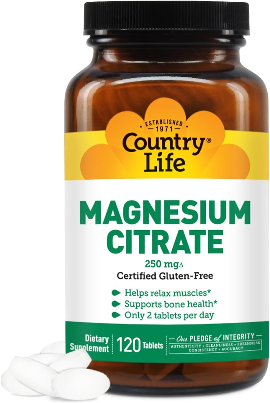 Country Life Magnesium Citrate Supplement - 120 Tablets, 250mg Magnesium Complex for Muscle, Nerve Function, Heart Rhythm, Immune System & Energy