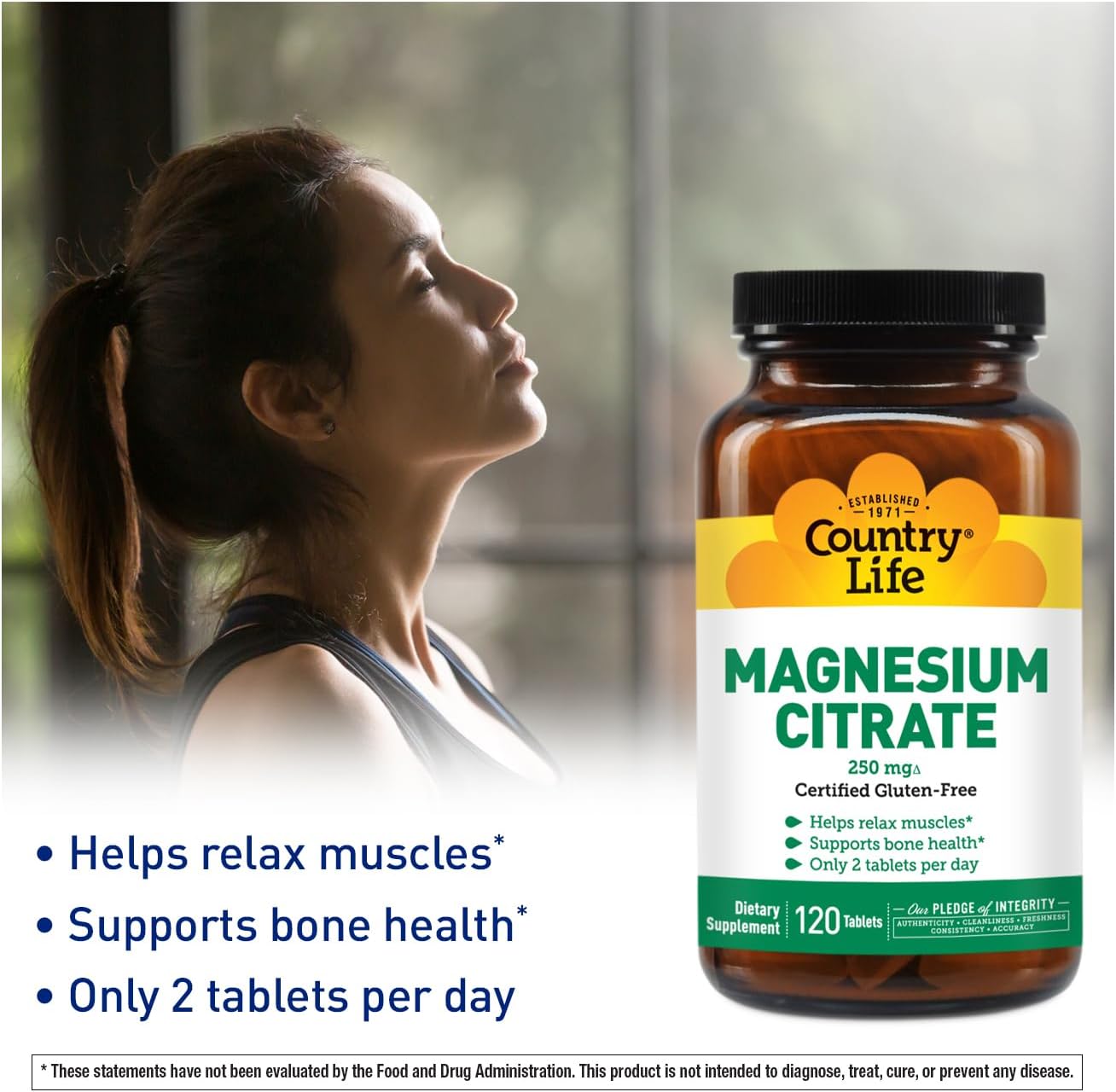 Country Life Magnesium Citrate Supplement - 120 Tablets, 250mg Magnesium Complex for Muscle, Nerve Function, Heart Rhythm, Immune System & Energy
