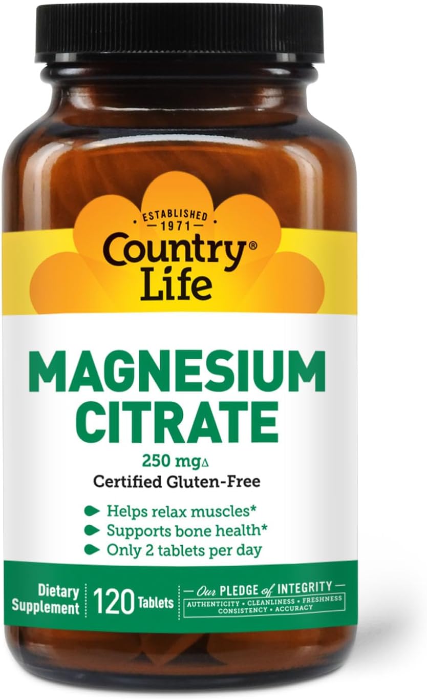 Country Life Magnesium Citrate Supplement - 120 Tablets, 250mg Magnesium Complex for Muscle, Nerve Function, Heart Rhythm, Immune System & Energy