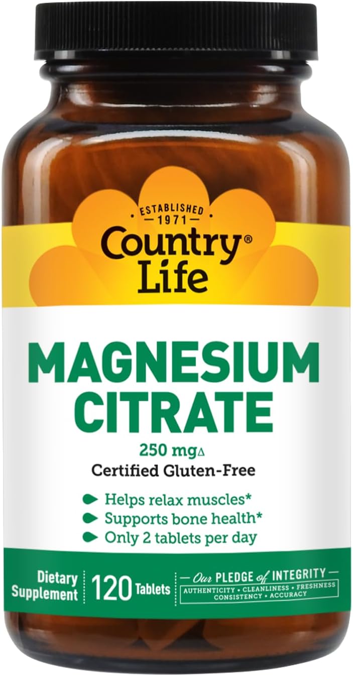 Country Life Magnesium Citrate Supplement - 120 Tablets, 250mg Magnesium Complex for Muscle, Nerve Function, Heart Rhythm, Immune System & Energy