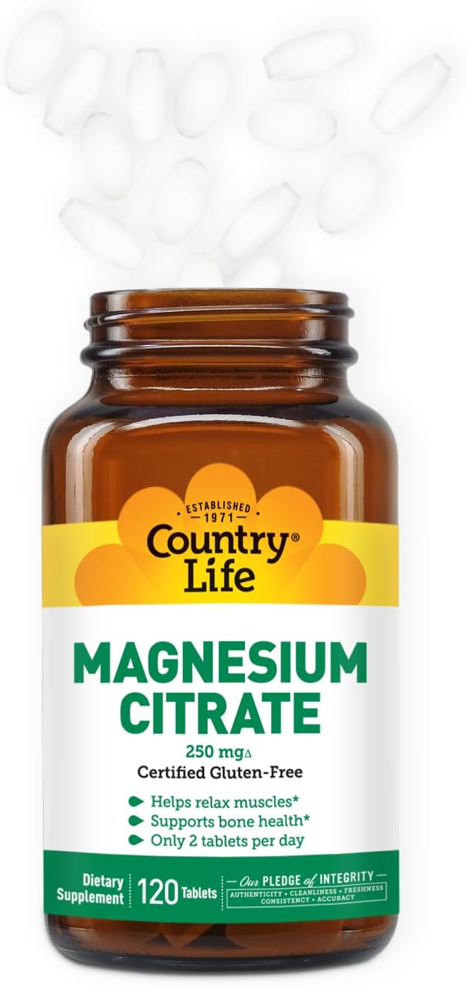Country Life Magnesium Citrate Supplement - 120 Tablets, 250mg Magnesium Complex for Muscle, Nerve Function, Heart Rhythm, Immune System & Energy