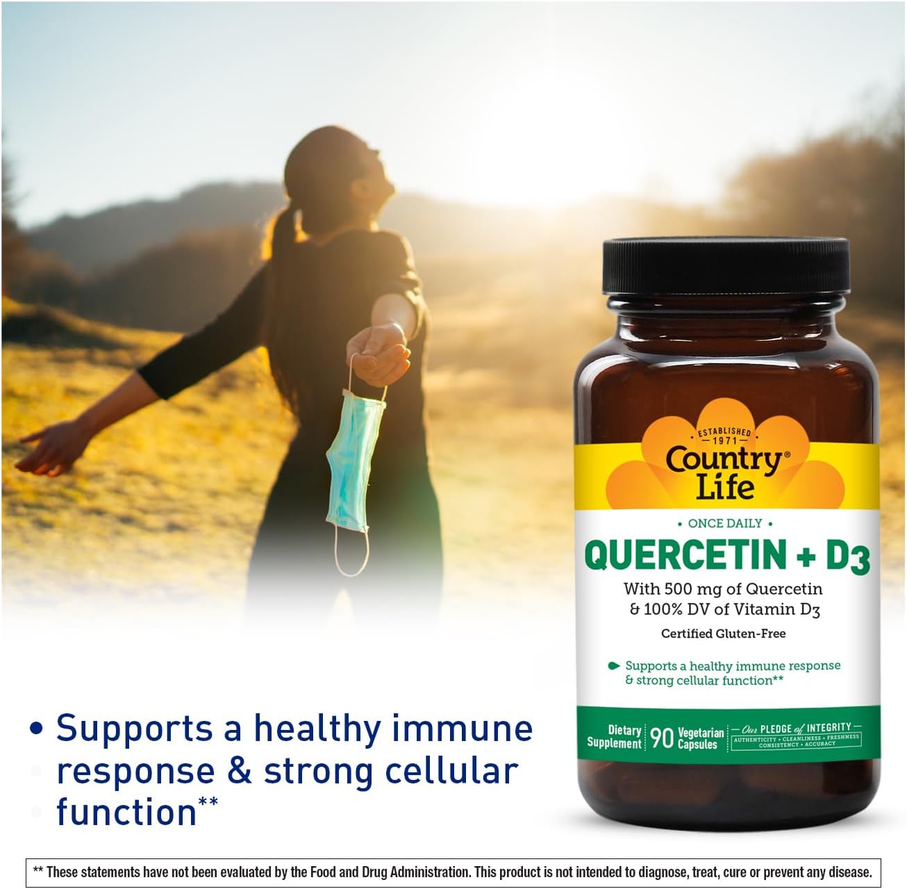 Country Life Quercetin 500mg Capsules with Vitamin D3 800 IU - Immune Support Supplement for Adults - 90 Capsules for Daily Immune Boosters