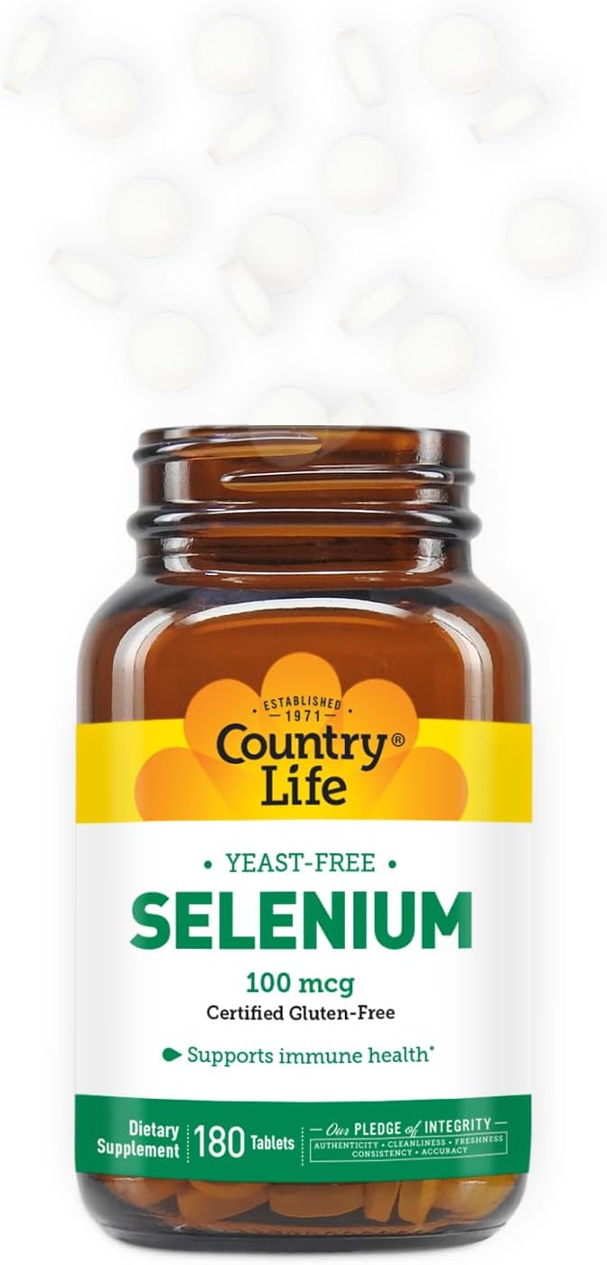 Country Life Selenium 100mcg Tablets - Yeast Free, Supports Immune Health - Certified Gluten Free, Vegan, Halal - 180 Count