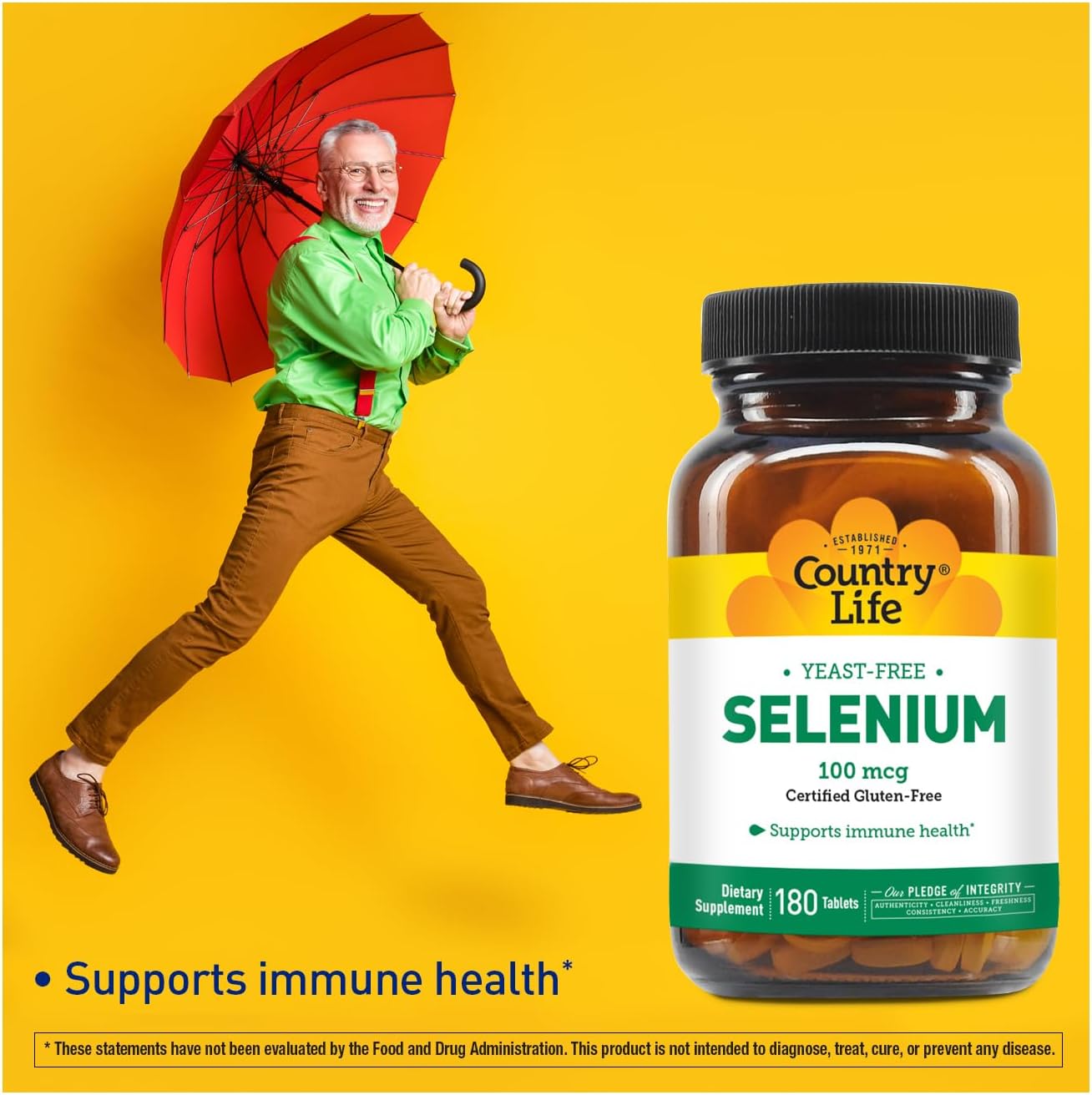 Country Life Selenium 100mcg Tablets - Yeast Free, Supports Immune Health - Certified Gluten Free, Vegan, Halal - 180 Count