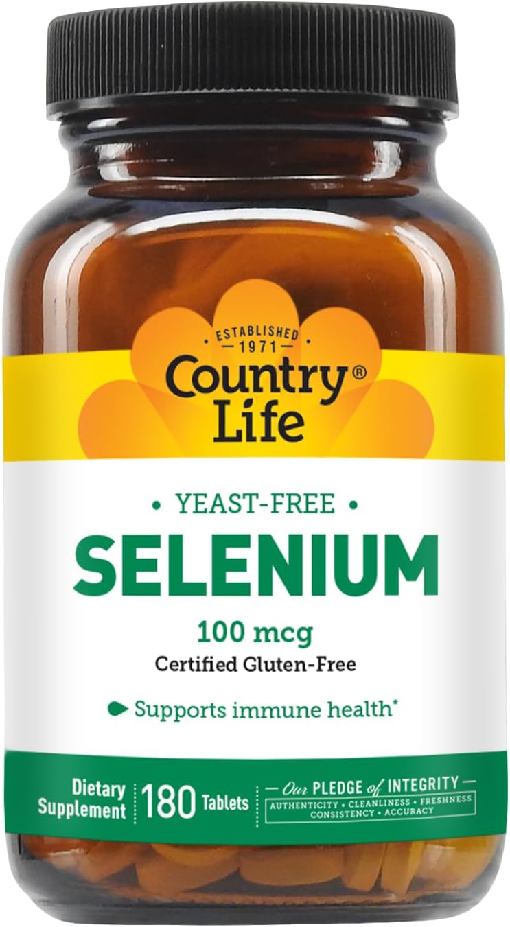 Country Life Selenium 100mcg Tablets - Yeast Free, Supports Immune Health - Certified Gluten Free, Vegan, Halal - 180 Count