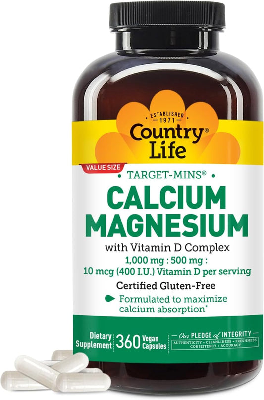 Country Life Target-Mins Calcium Magnesium with Vitamin D Complex, 1000mg/500mg/10mcg, 360 Vegan Capsules - Gluten Free, Vegan, Non-GMO