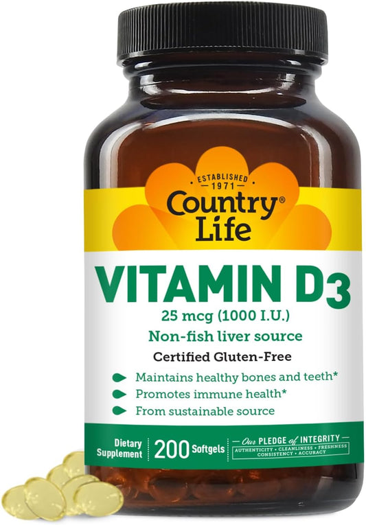 Country Life Vitamin D3 1000 IU Soft Gels, Large Size, 200 sg, 200 Count Bottle - Immune Support Supplement