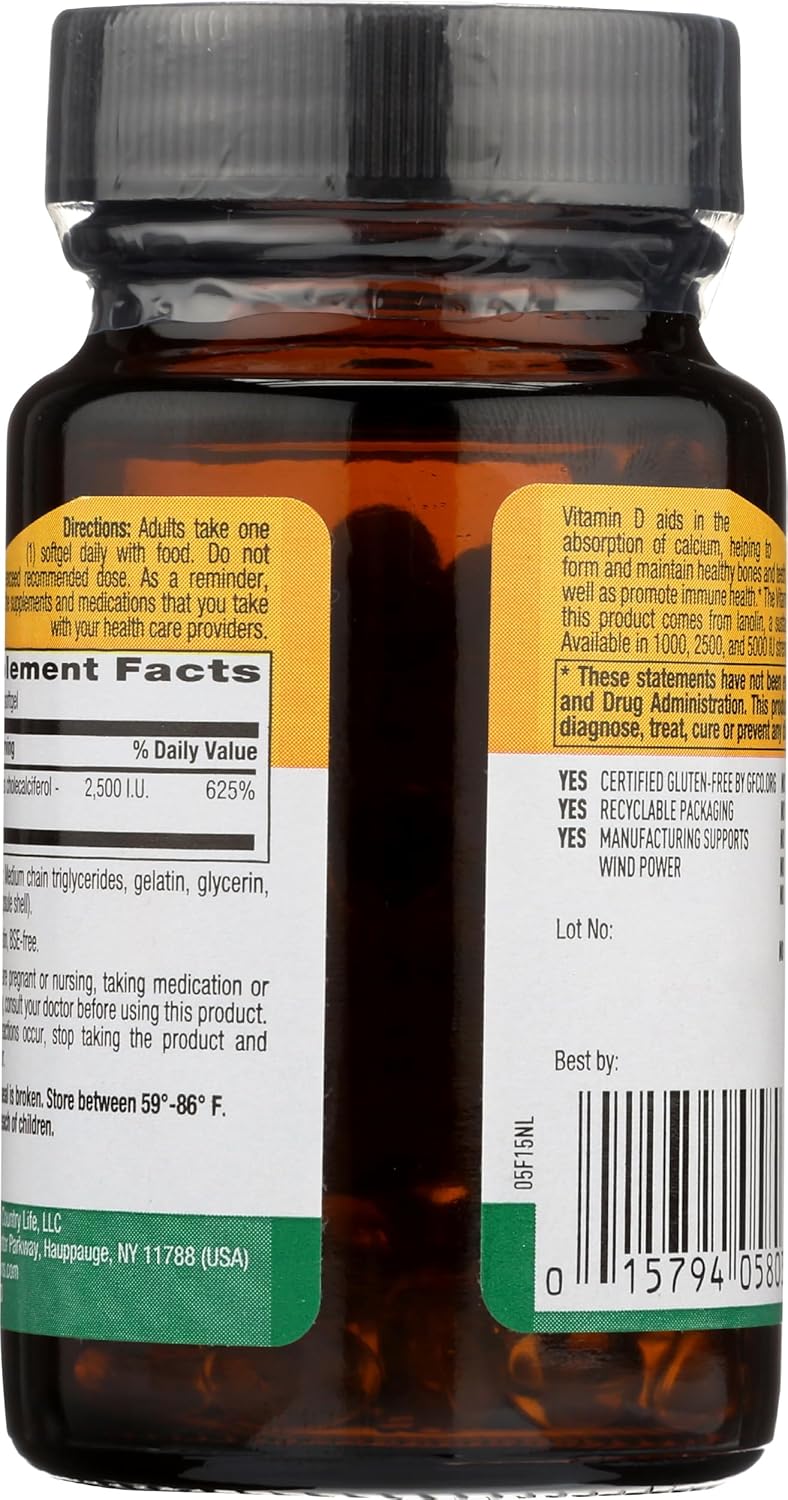 Country Life Vitamin D3 Dietary Supplement - 2500 I.U. - Gluten-Free - 60 Softgels