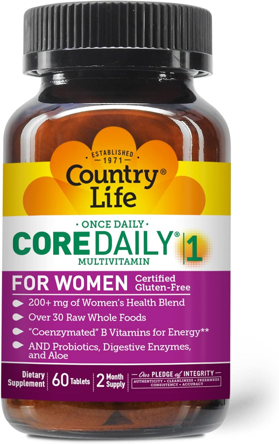 Country Life Women's Core 1 Daily Multivitamin with Iron, Cranberry, Probiotics, and Digestive Enzymes - Gluten-Free Energy and Immune Support Supplement, 60 Tablets