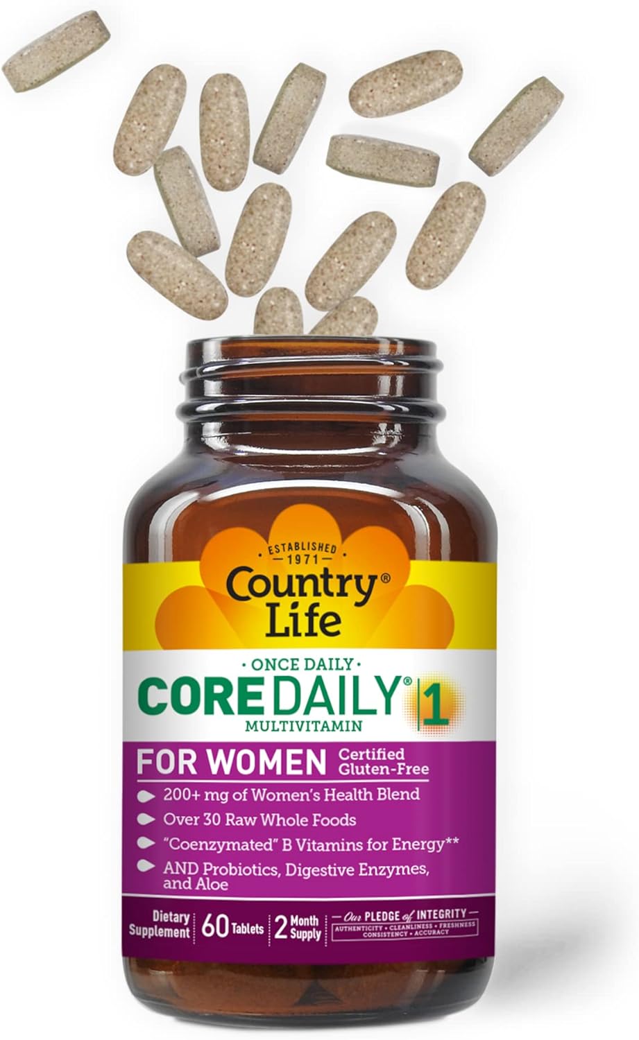 Country Life Women's Core 1 Daily Multivitamin with Iron, Cranberry, Probiotics, and Digestive Enzymes - Gluten-Free Energy and Immune Support Supplement, 60 Tablets