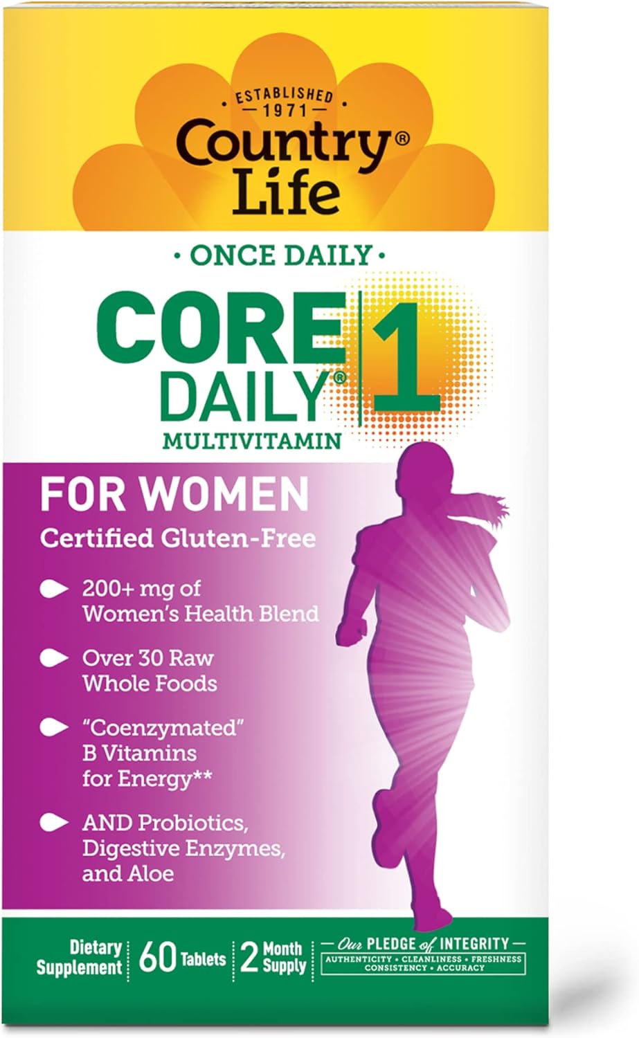 Country Life Women's Core 1 Daily Multivitamin with Iron, Cranberry, Probiotics, and Digestive Enzymes - Gluten-Free Energy and Immune Support Supplement, 60 Tablets