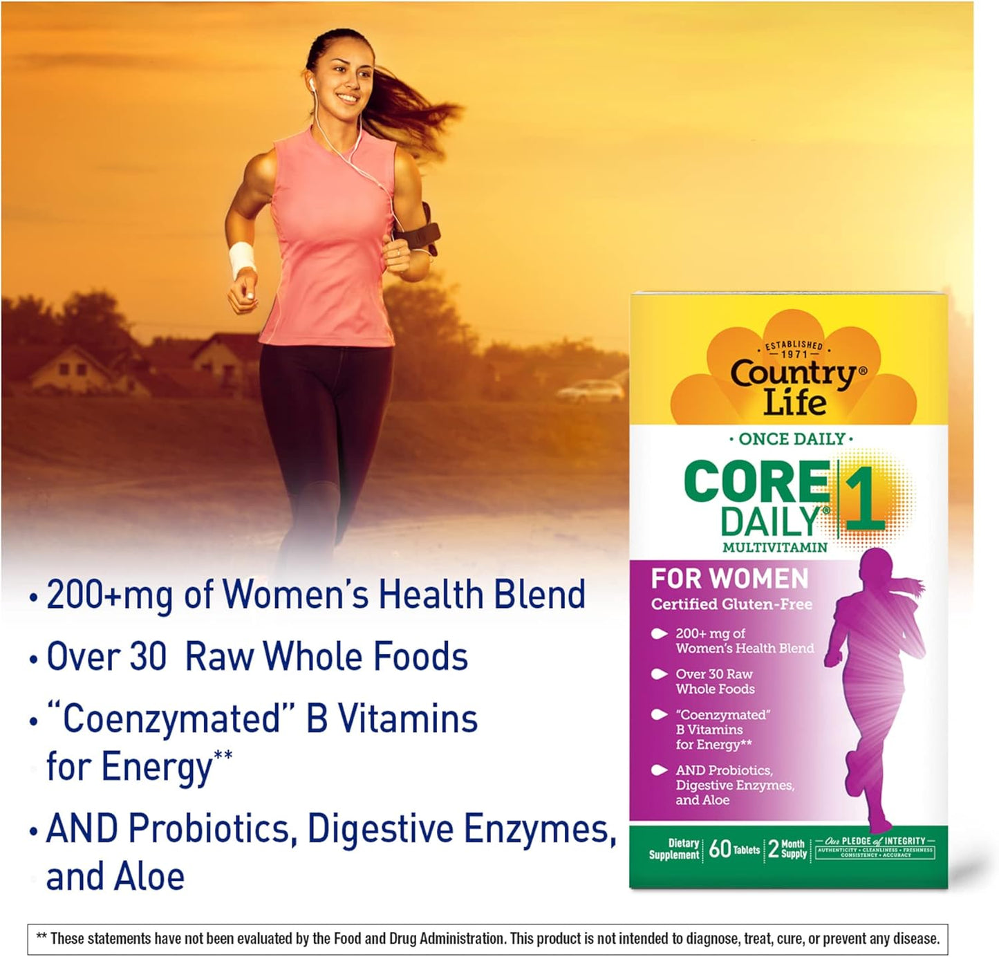Country Life Women's Core 1 Daily Multivitamin with Iron, Cranberry, Probiotics, and Digestive Enzymes - Gluten-Free Energy and Immune Support Supplement, 60 Tablets