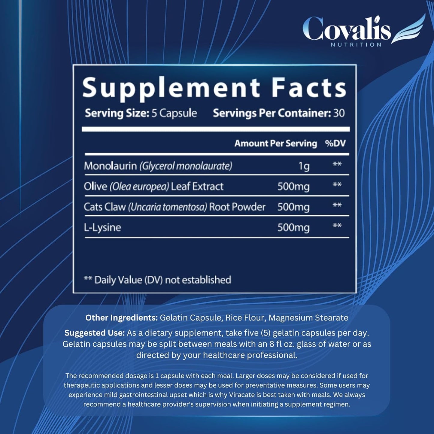 Covalis Nutrition Viracate Immune Defense Supplement - 150 Capsules with Monolaurin, Olive Leaf Extract, Cat's Claw, Lysine - Anti-Microbial Support