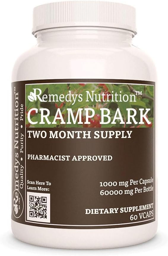 Cramp Bark Herbal Dietary Supplement - 1,000 mg, 60 Vegan Capsules - Non-GMO, Gluten-Free, Dairy-Free - Two Month Supply