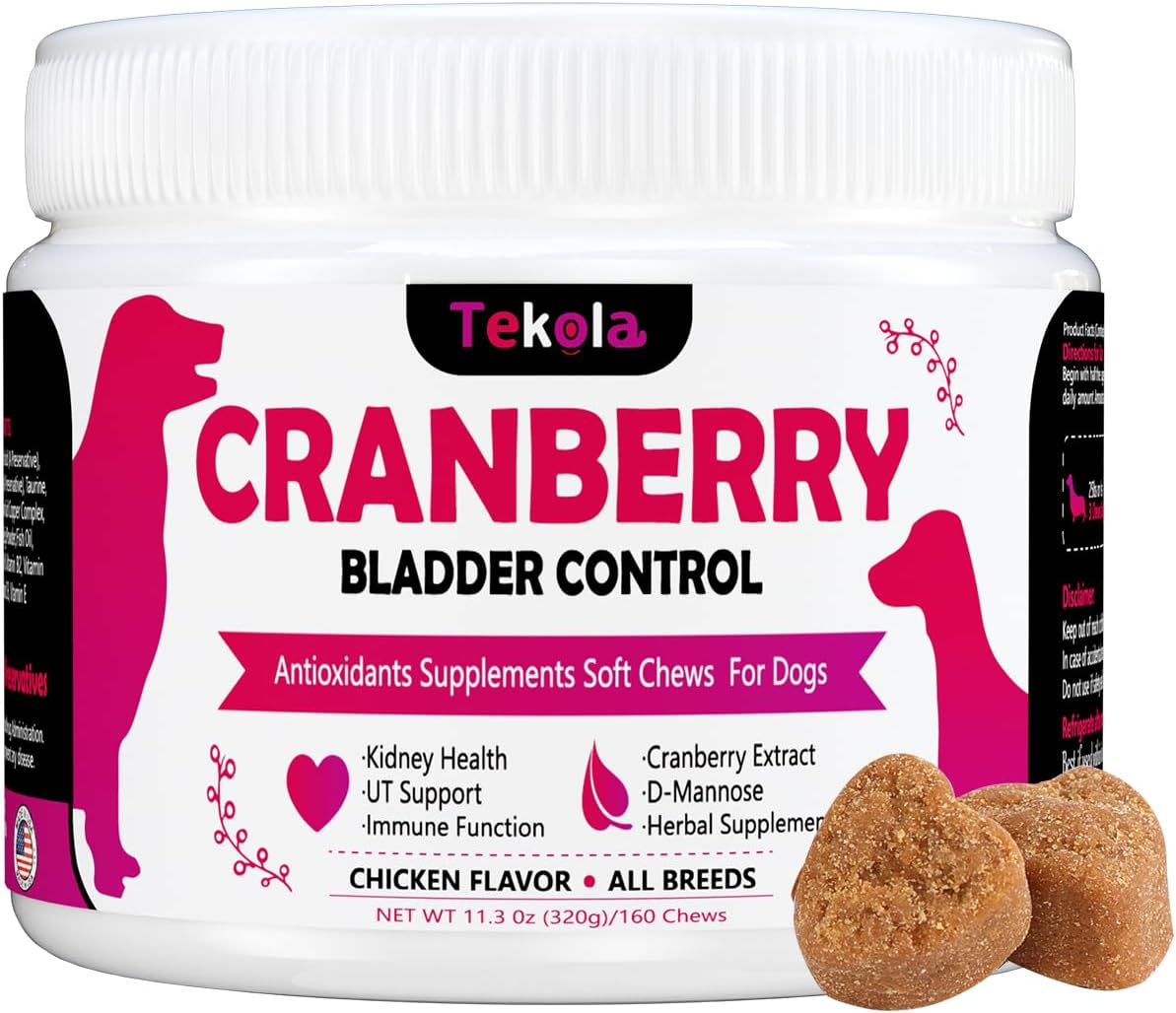 Cranberry Bladder Health Soft Chews for Dogs - 160 Antioxidant Supplements for Urinary Tract Support, with Cranberry, D-Mannose, and Vitamins