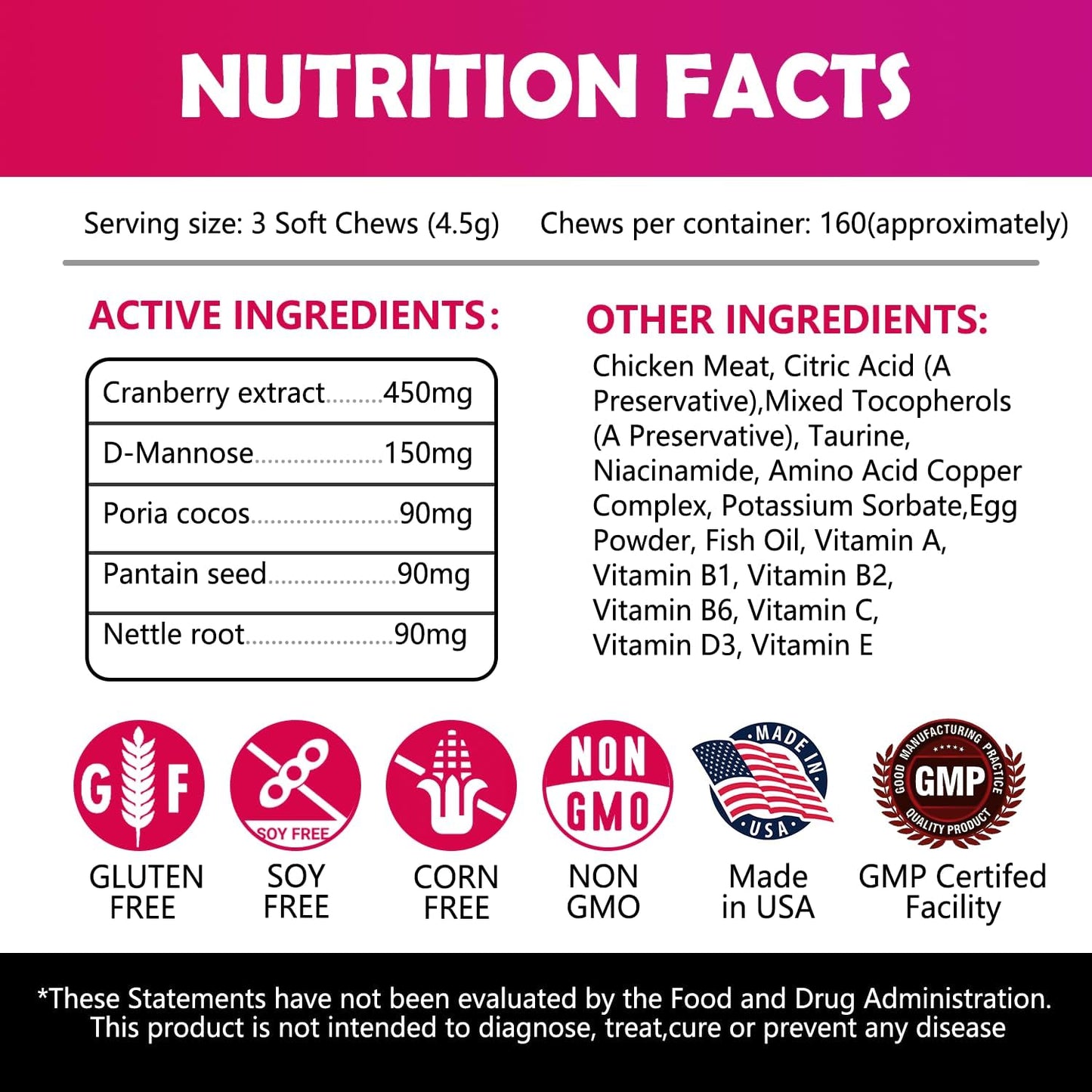 Cranberry Bladder Health Soft Chews for Dogs - 160 Antioxidant Supplements for Urinary Tract Support, with Cranberry, D-Mannose, and Vitamins