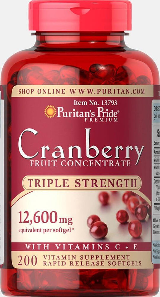 Cranberry Fruit Concentrate Capsules - Triple Strength Formula with 12,600 Mg - 200 Count by Puritan's Pride
