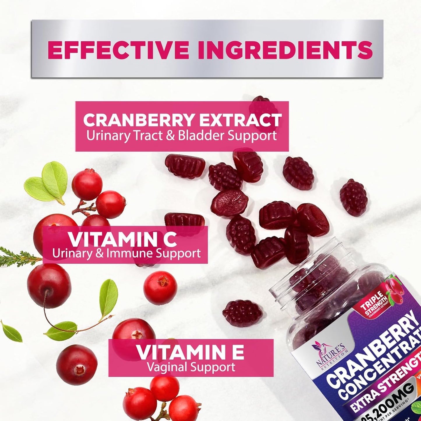Cranberry Gummies with Vitamin C - 25,000mg Extract for Urinary Tract Health - 60 Non-GMO Chewable Pills for Women by Nature's Nutrition - BoostGo Australia