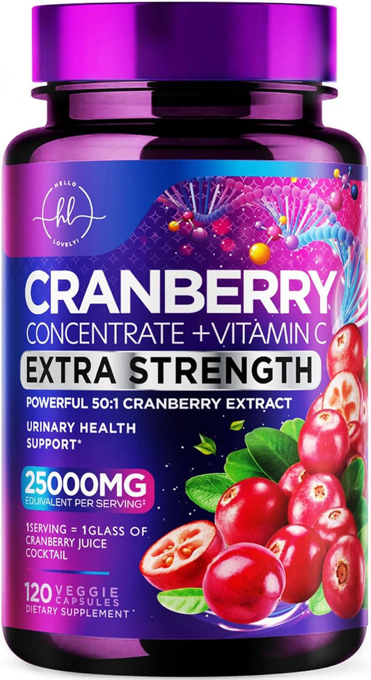 Cranberry Pills with Vitamin C - 25,000mg Formula for UTI Support - 120 Capsules, Non-GMO & Sugar-Free