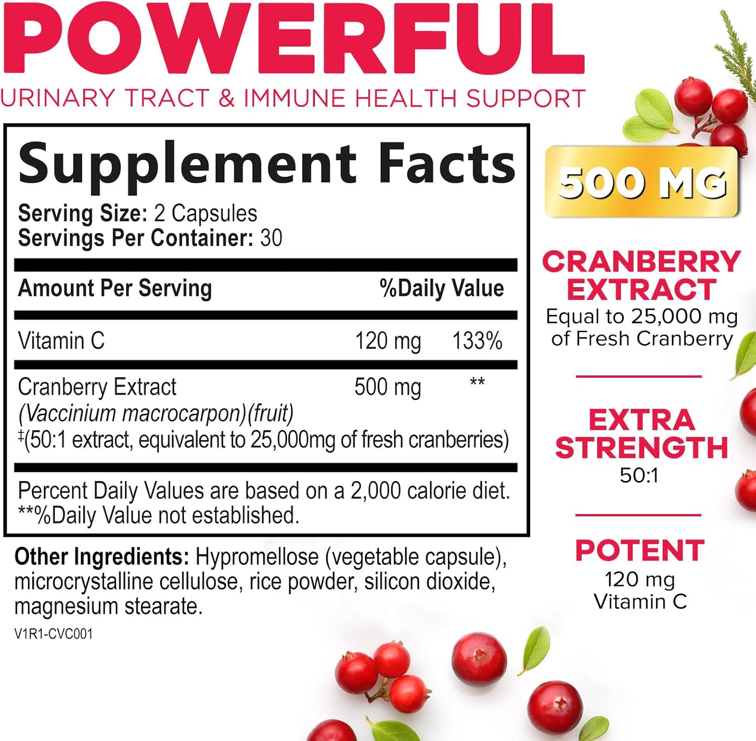 Cranberry Pills with Vitamin C - 25,000mg Formula for Urinary Tract Health - Gluten Free Supplements for Women & Men - 60 Capsules