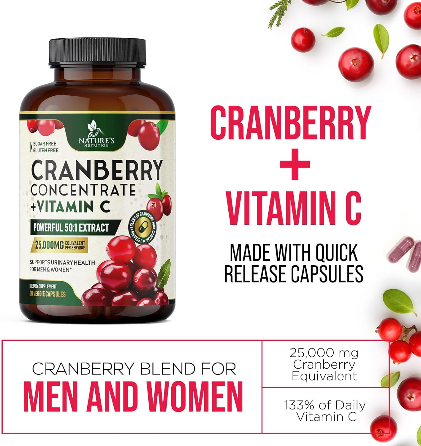 Cranberry Pills with Vitamin C - 25,000mg Formula for Urinary Tract Health - Gluten Free Supplements for Women & Men - 60 Capsules