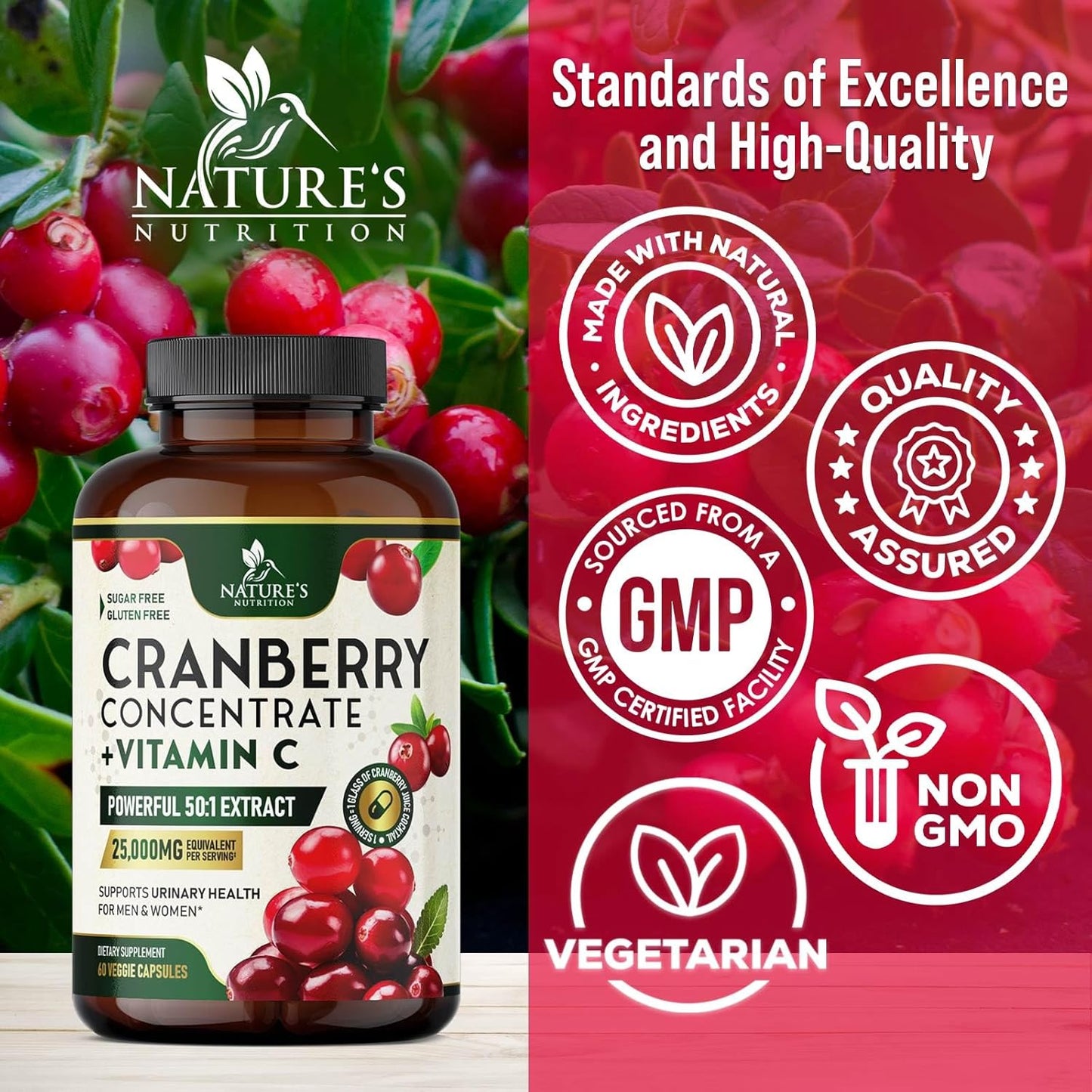 Cranberry Pills with Vitamin C - 25,000mg Formula for Urinary Tract Health - Gluten Free Supplements for Women & Men - 60 Capsules
