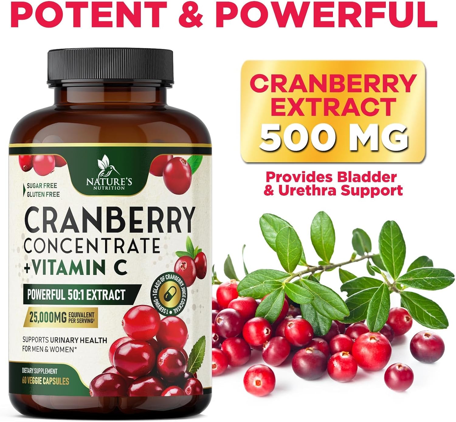 Cranberry Pills with Vitamin C - 25,000mg Formula for Urinary Tract Health - Gluten Free Supplements for Women & Men - 60 Capsules