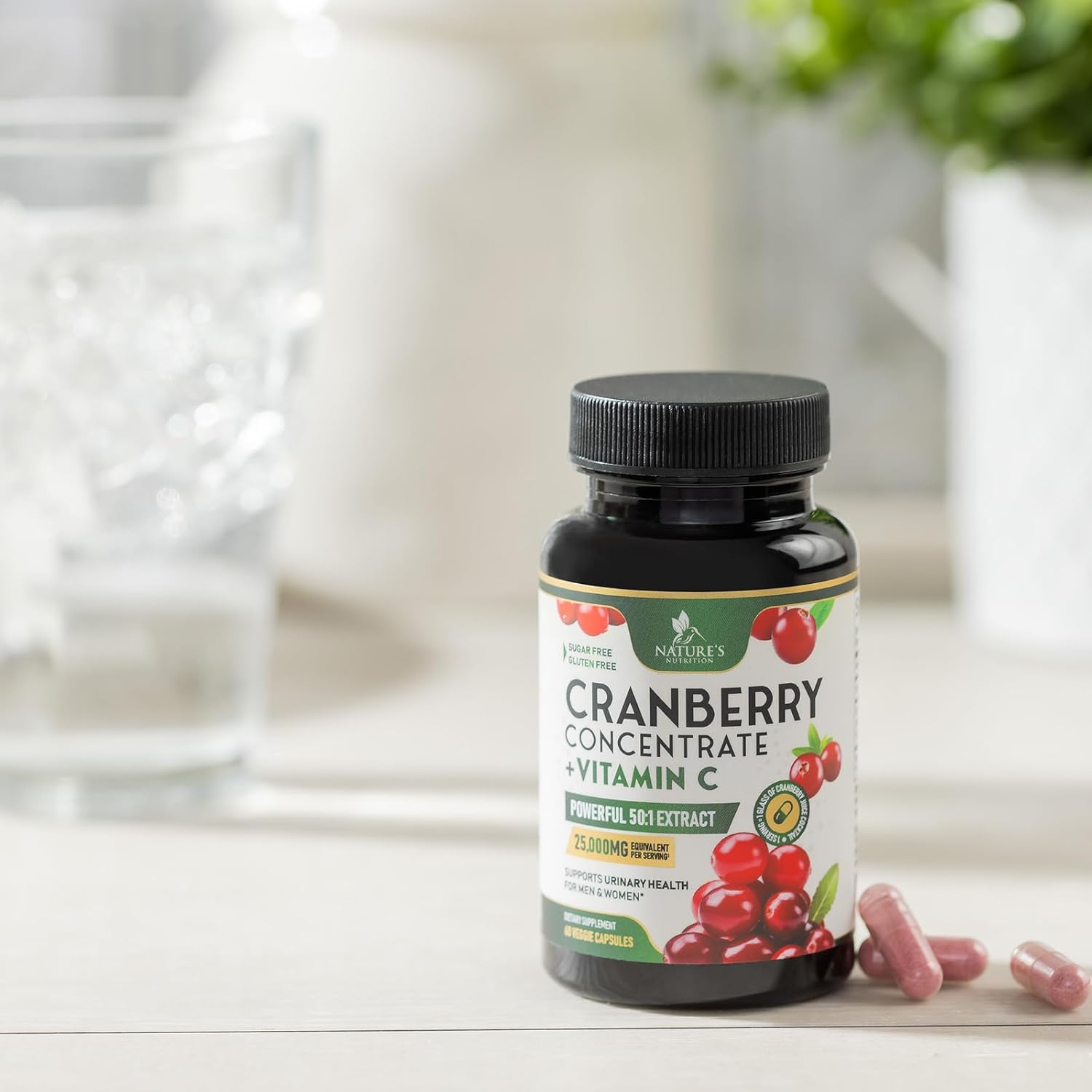 Cranberry Pills with Vitamin C - 25,000mg Formula for Urinary Tract Health - Gluten Free Supplements for Women & Men - 60 Capsules