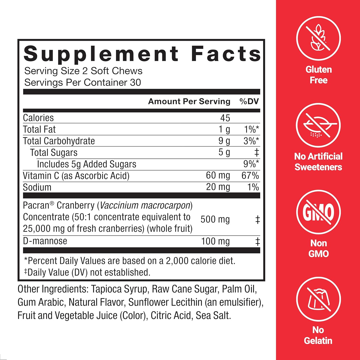 Cranberry Soft Chews with D Mannose and Extract for Women's Bladder Health, Vegan, Sweet Flavor - 60 Chews
