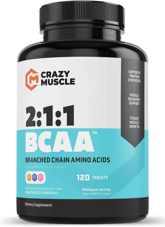 Crazy Muscle BCAA Pills - 2:1:1 Ratio Branched Chain Amino Acid Supplement - 1000mg per Pill - 120 Tablets