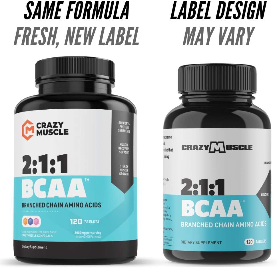 Crazy Muscle BCAA Pills - 2:1:1 Ratio Branched Chain Amino Acid Supplement - 1000mg per Pill - 120 Tablets