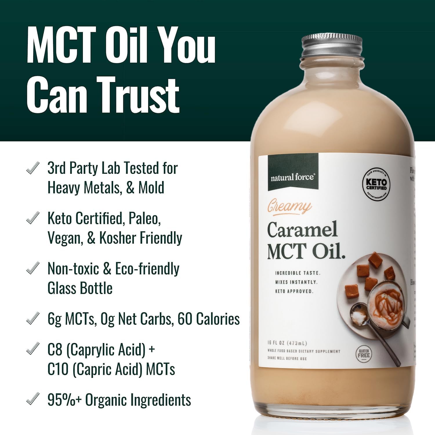 Creamy Caramel MCT Oil: Non-Dairy, Keto Certified, Emulsified MCTs for Low-Carb Drinks - 16 Oz Bottle