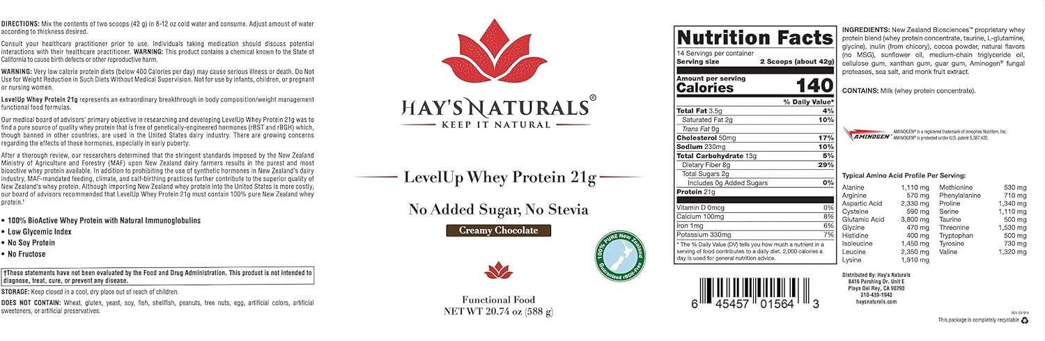 Creamy Chocolate Flavor Whey Protein Powder with 21g Protein - Hay's Naturals LevelUp for Muscle Building and Recovery, No Added Sugar