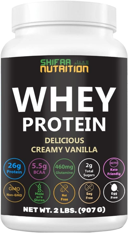 Creamy Vanilla Halal Whey Protein Powder 2Lbs | 26g Protein, 5500mg BCAAs, 460mg Glutamine | Recovery & Lean Muscles | Gluten-Free, Non-GMO, Keto-Friendly | Shifaa Nutrition