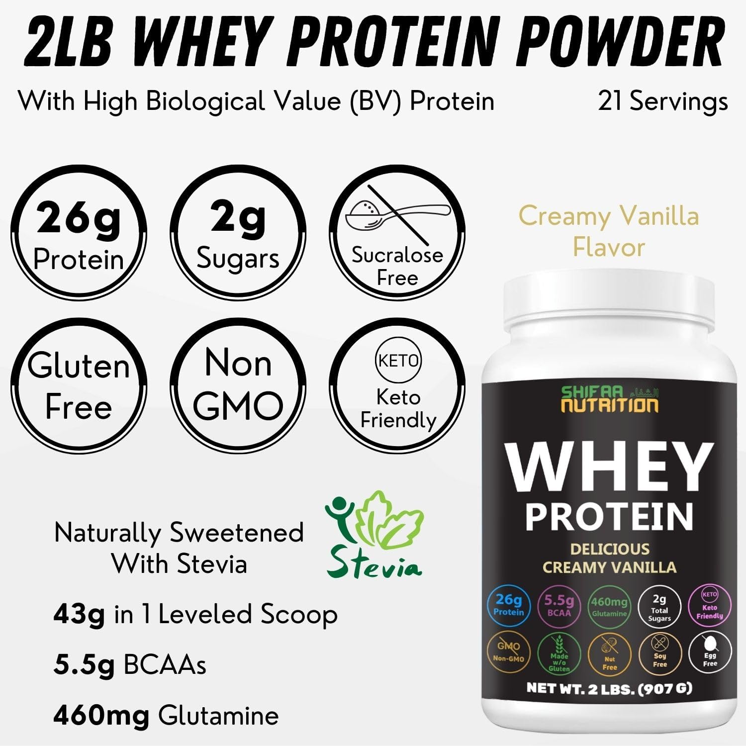 Creamy Vanilla Halal Whey Protein Powder 2Lbs | 26g Protein, 5500mg BCAAs, 460mg Glutamine | Recovery & Lean Muscles | Gluten-Free, Non-GMO, Keto-Friendly | Shifaa Nutrition
