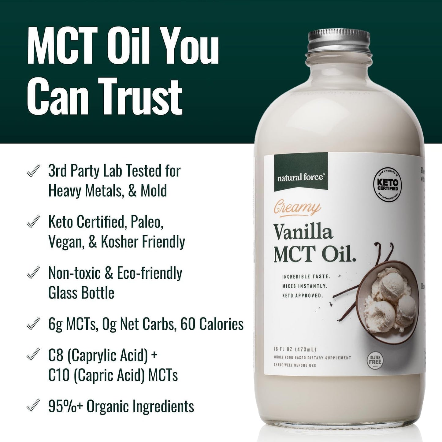Creamy Vanilla MCT Oil for Low-Carb Keto Coffee, Smoothies & Shakes - Non Dairy, Emulsified MCTs - Instant Mix - 16 Oz Bottle