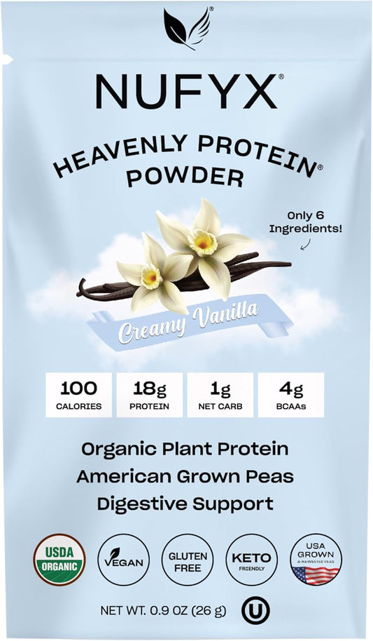 Creamy Vanilla NUFYX® Heavenly Protein® Powder: 100% Organic American Peas, Vegan, Gluten Free, Low Carb Packet