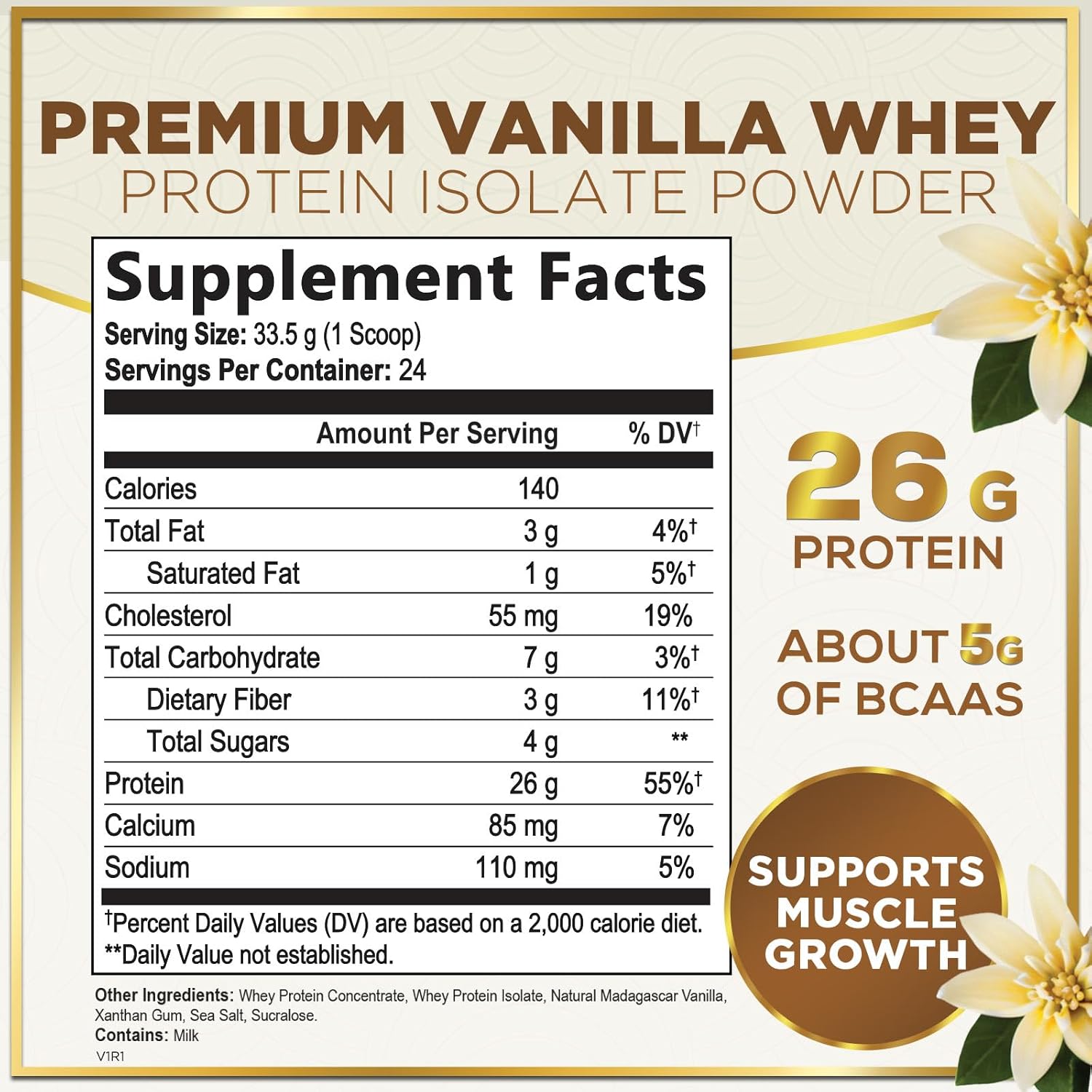 Creamy Vanilla Whey Isolate Protein Powder - 26g Protein & BCAAs for Muscle Growth & Recovery - Gluten Free - Fast Absorbing - 24 Servings