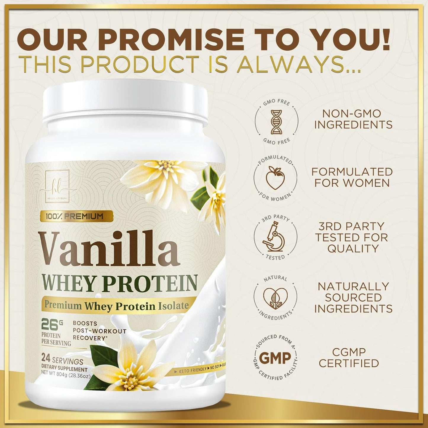 Creamy Vanilla Whey Isolate Protein Powder - 26g Protein & BCAAs for Muscle Growth & Recovery - Gluten Free - Fast Absorbing - 24 Servings